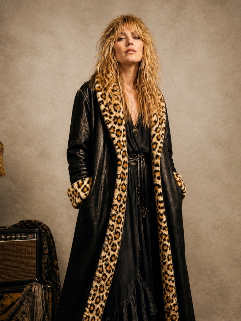 L&B Black Long Open Duster Coat Leopard-Print Cozy Faux Fur Lined Whimsigoth L